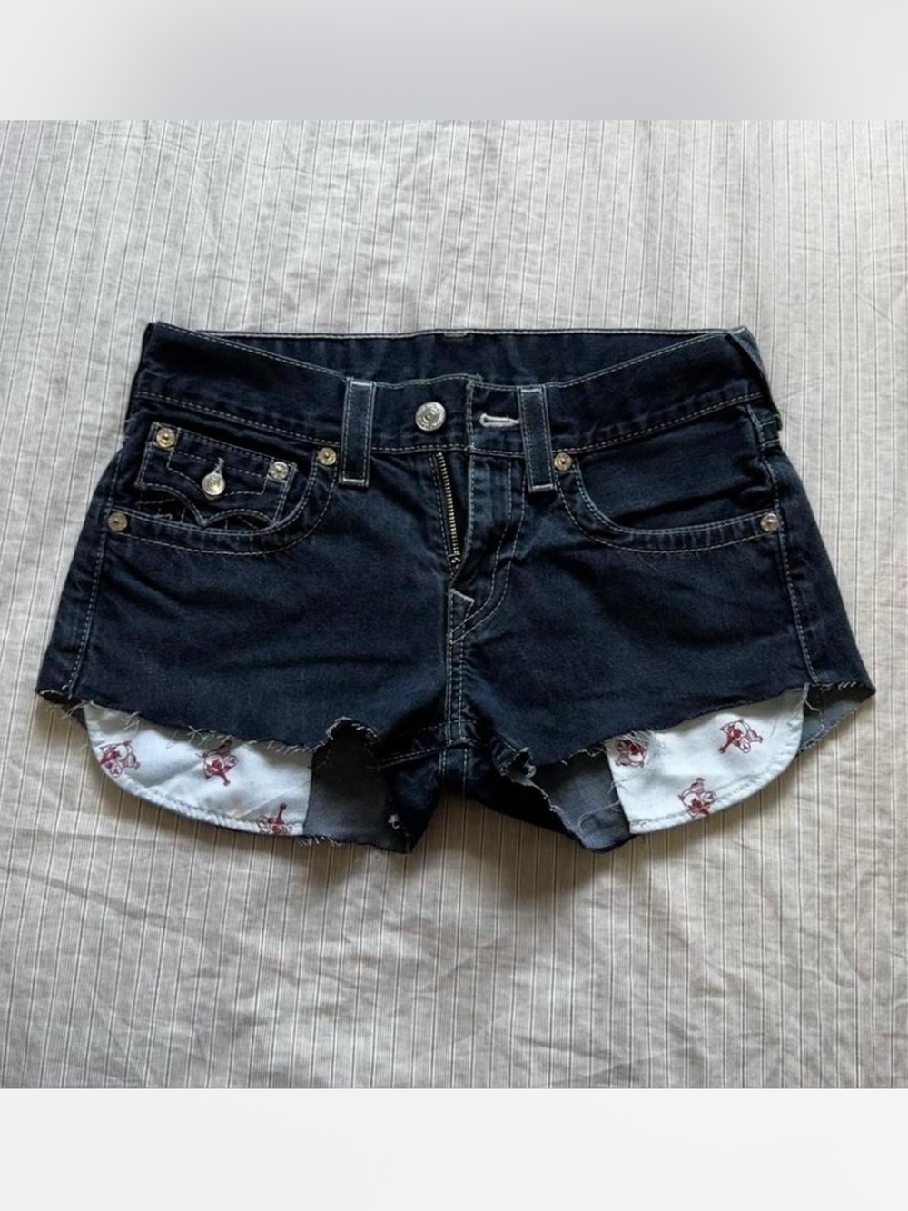 True Religion Navy Blue Denim Cutoff Shorts with Contrast Pocket Lining